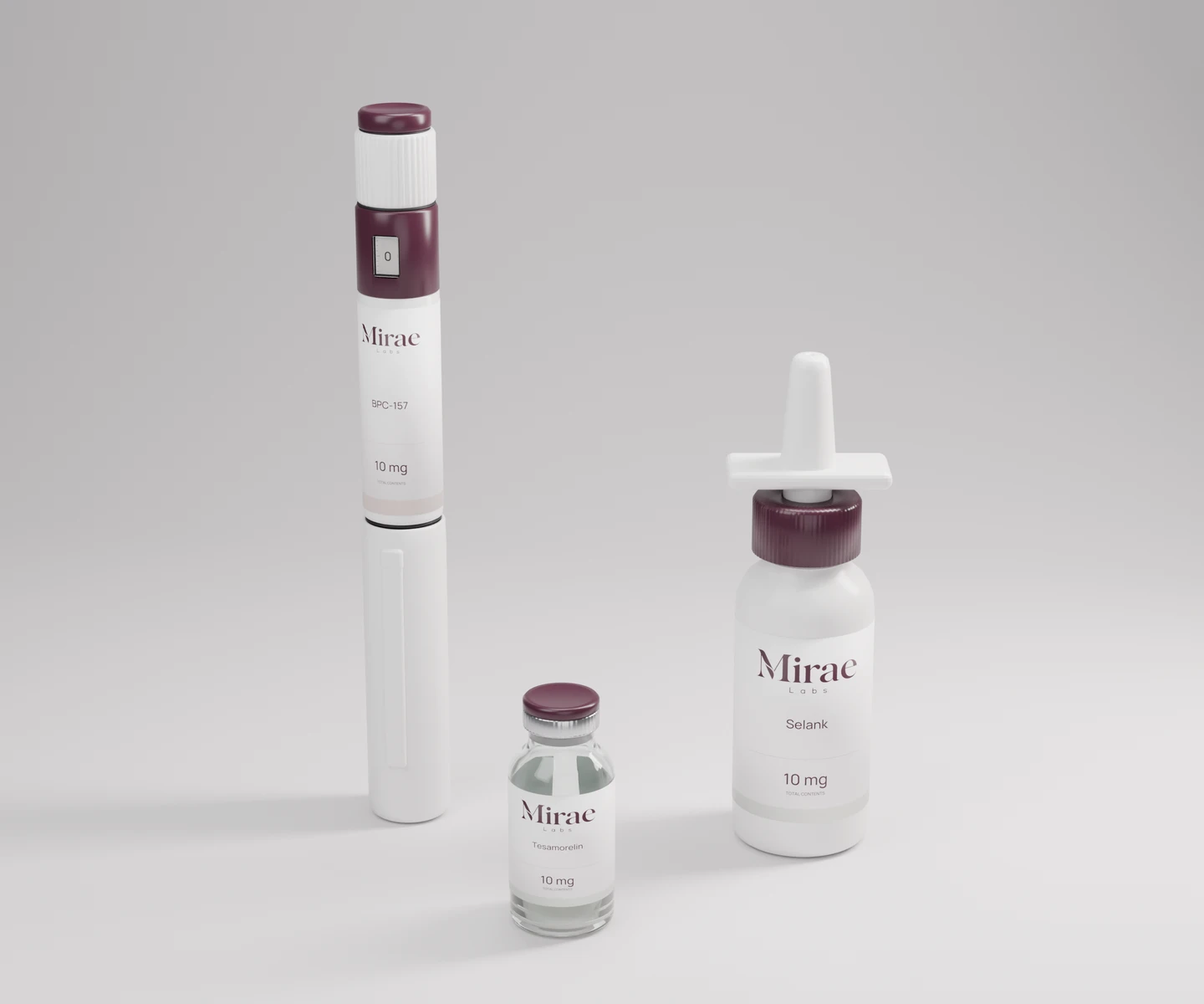 Mirae Labs BPC-157 pen, Tesamorelin vial, and Selank nasal spray